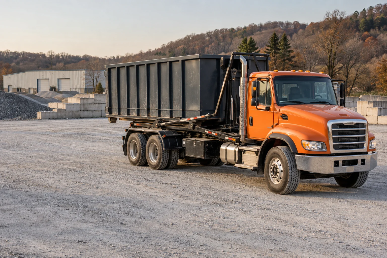 Orange roll-off truck with a charcoal container in an industrial yard