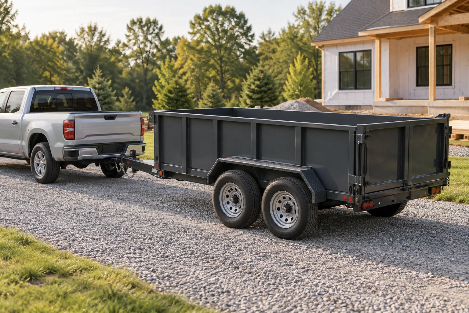 Illustration of a compact towable dumpster on a job site